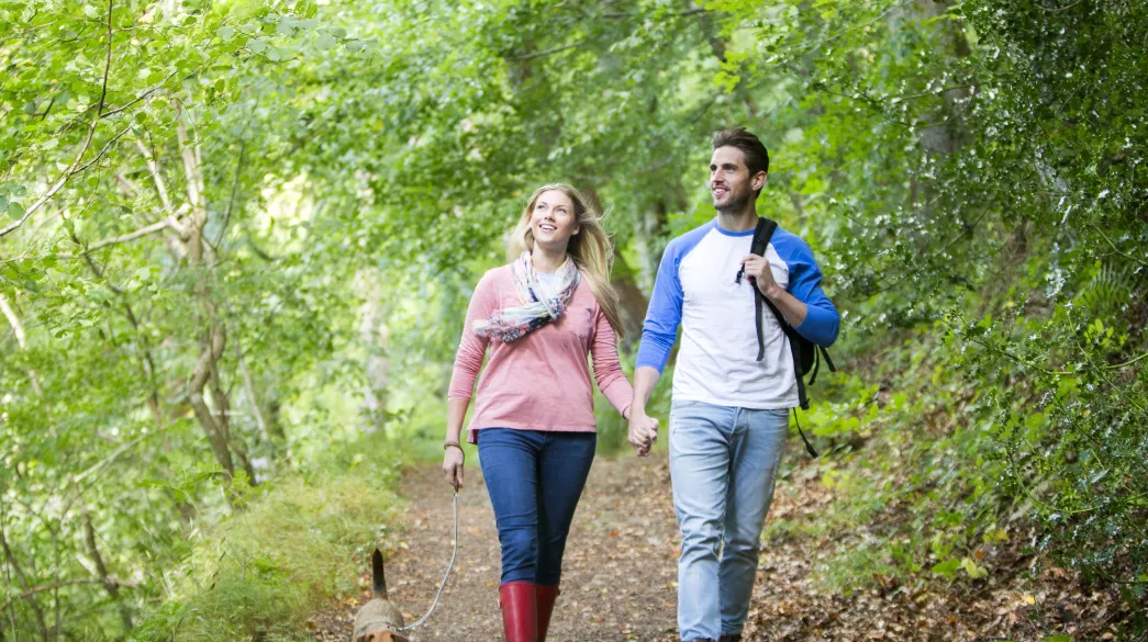 A couple enjoying walking their dog through woodlands enjoying a peaceful break