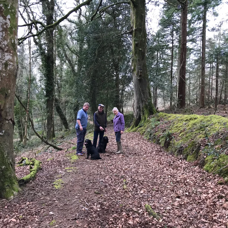 Family walking on woodland path