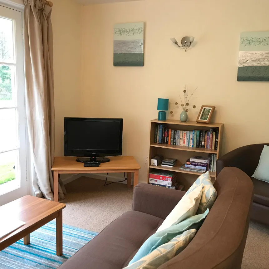 The lounge area in Camellia Cottage at Spreacombe Holiday Cottages with a TV, Sofa, Chair and Bookcase