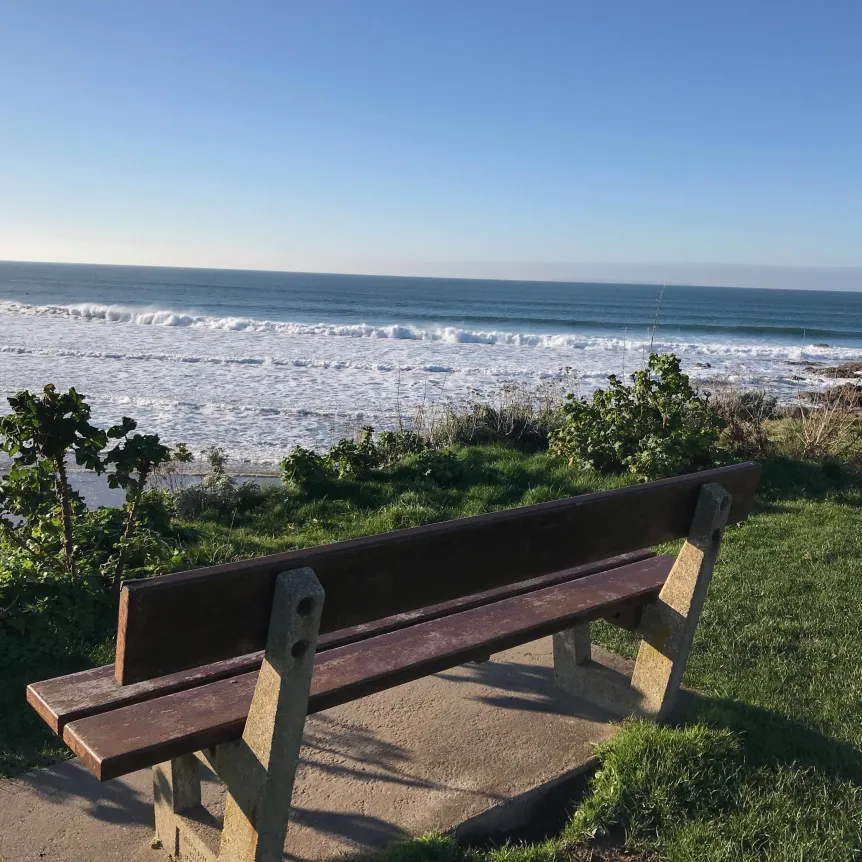 A bench looking out over the sea and Woolacombe Beach on the North Devon coast