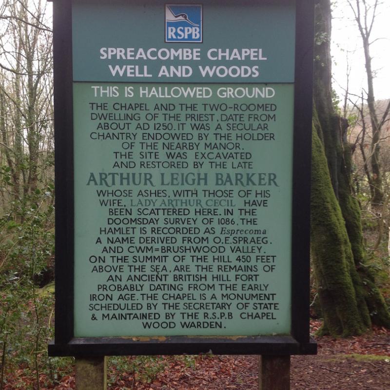 The sign to Spreacombe Chapel, a short walk from Spreacombe Gardens