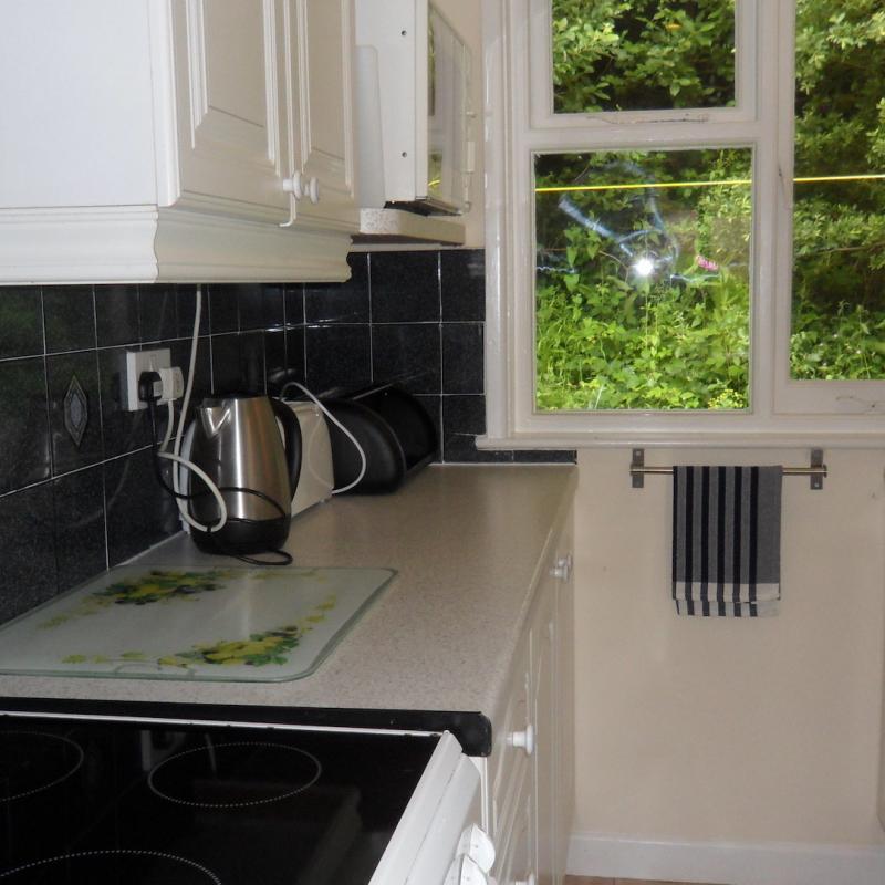 Kitchen. Showing Oven, kettle and window through to wood